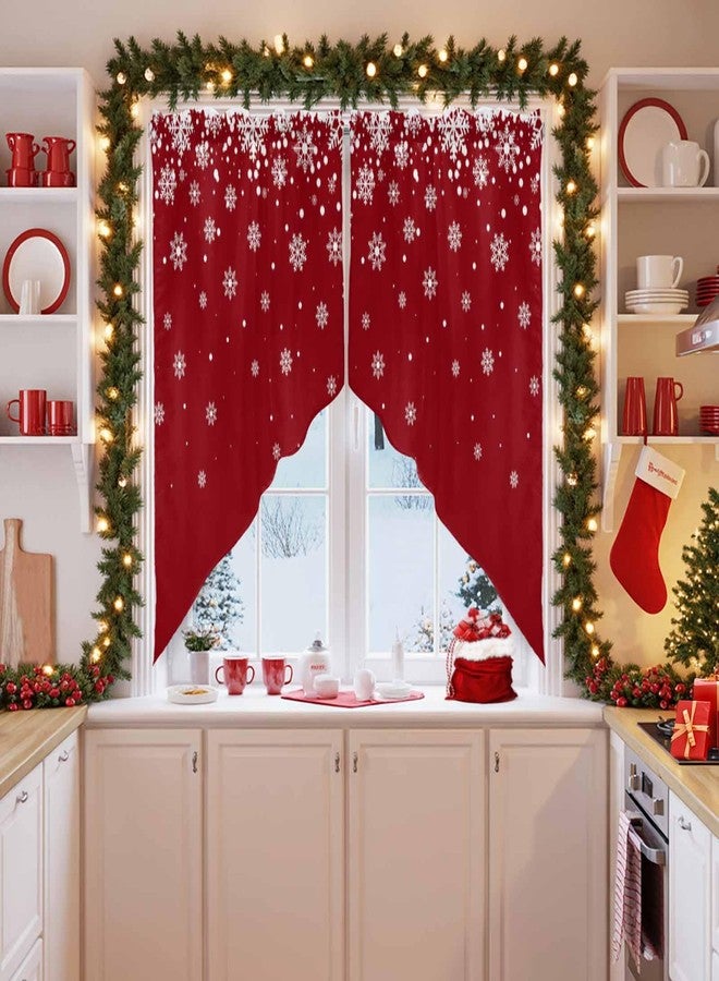 LooPoP Christmas Swag Valances for Windows Snowflake Swag Kitchen Curtains Red Winter Snow Window Valance Curtain 2 Panel Topper Curtains for Kitchen Living Room Bedroom Bathroom Holiday Decor 28"x36" - Image 2